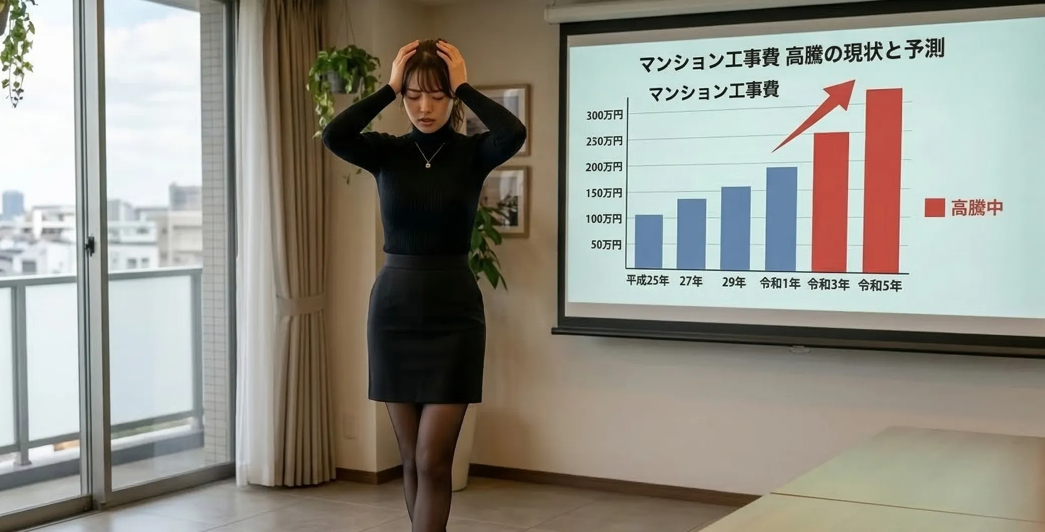 修繕積立金不足への対策案を提示し、不安を抱えるマンション居住者たちへ絶望を回避するための解決策を説く専門家あおい