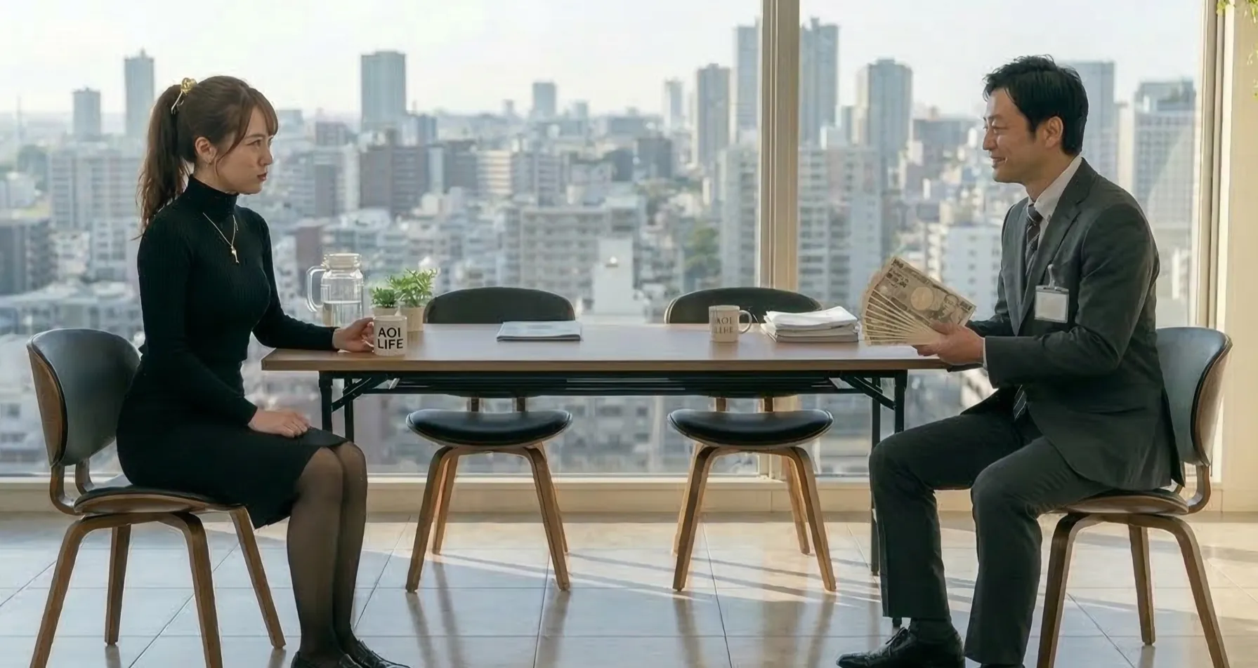 マンション集会室で、大規模修繕不適切コンサルタントのう闇を突き詰めていく専門家あおい