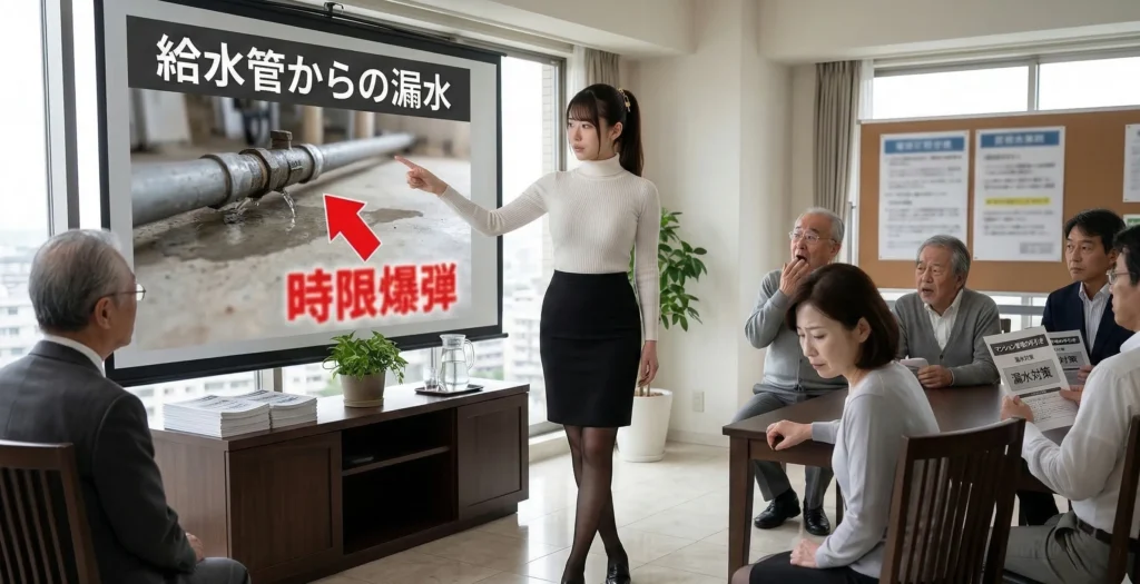 給水管からの漏水は時限爆弾のようだと説明するマンション管理専門家あおい