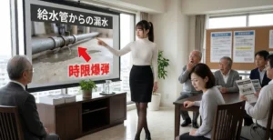 給水管からの漏水は時限爆弾のようだと説明するマンション管理専門家あおい