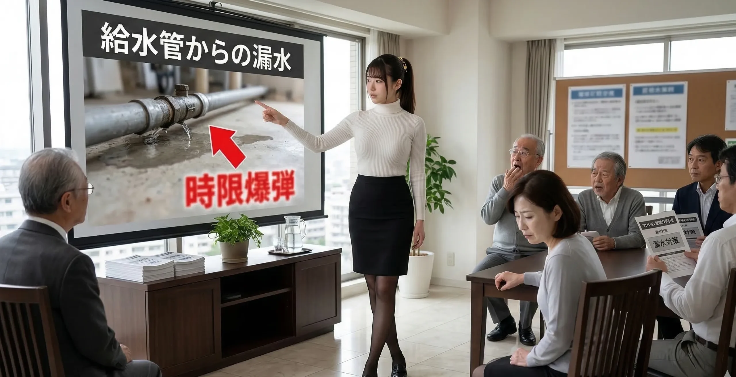 給水管からの漏水は時限爆弾のようだと説明するマンション管理専門家あおい