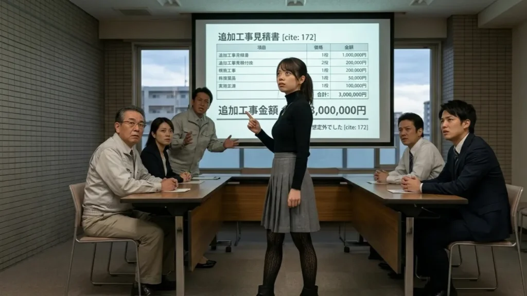 集会室で大規模修繕追加工事の削減と予算オーバー防止のための組合防衛策を解説する専門家あおい