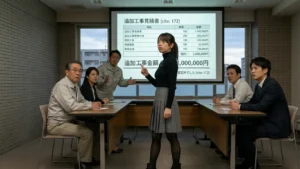 集会室で大規模修繕追加工事の削減と予算オーバー防止のための組合防衛策を解説する専門家あおい