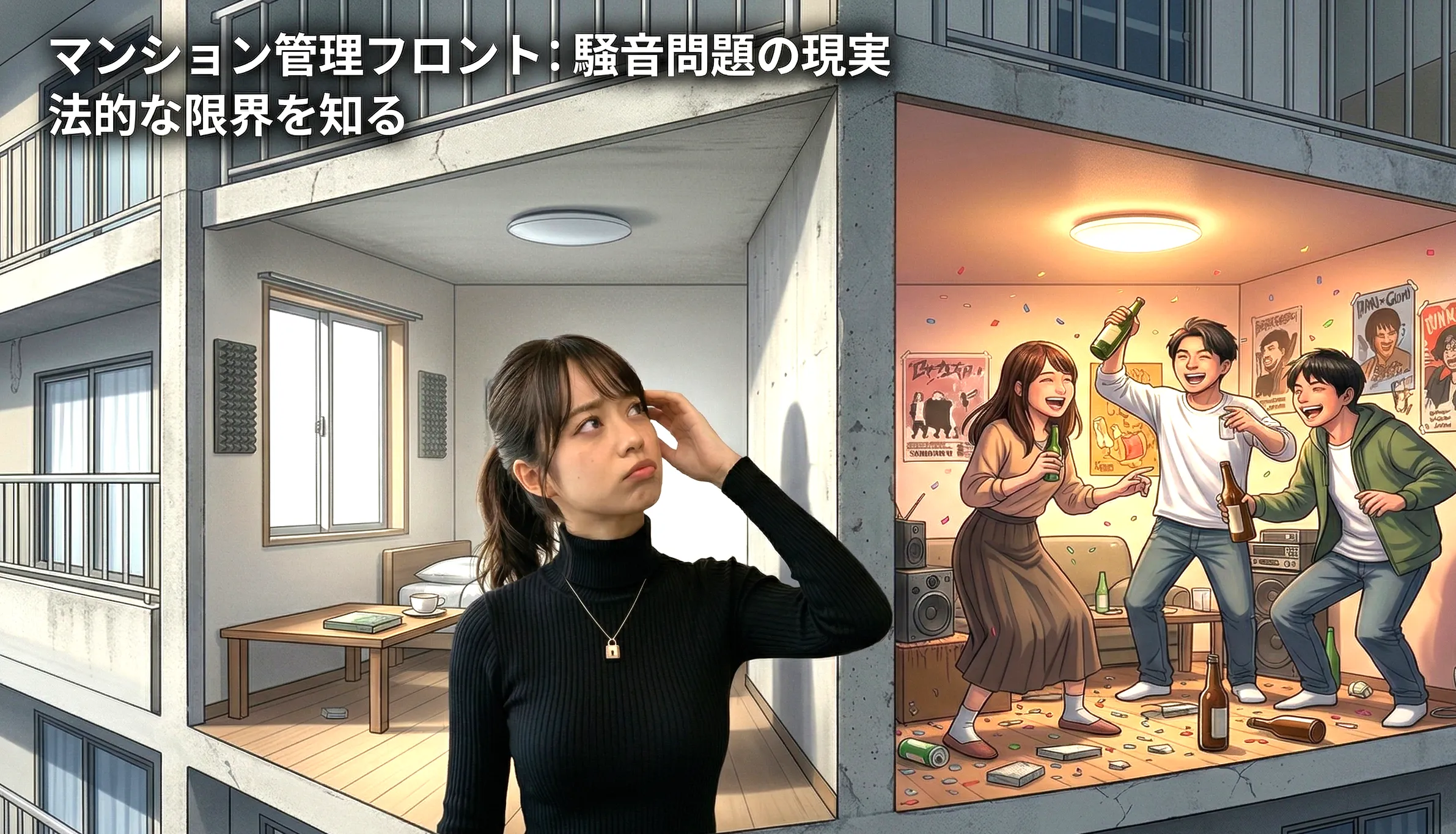 騒音部屋の隣室で、騒音問題解決に向けた管理組合主導の真の防衛策を居住者に解説する専門家あおい