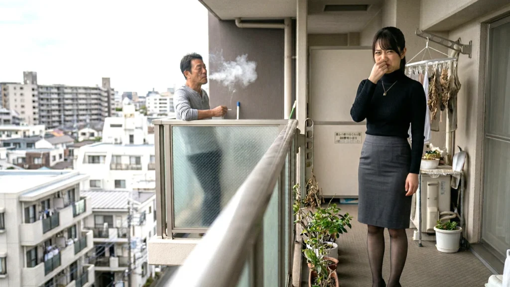 隣のバルコニーで喫煙するおじさんの煙を迷惑がるマンション管理専門家あおい
