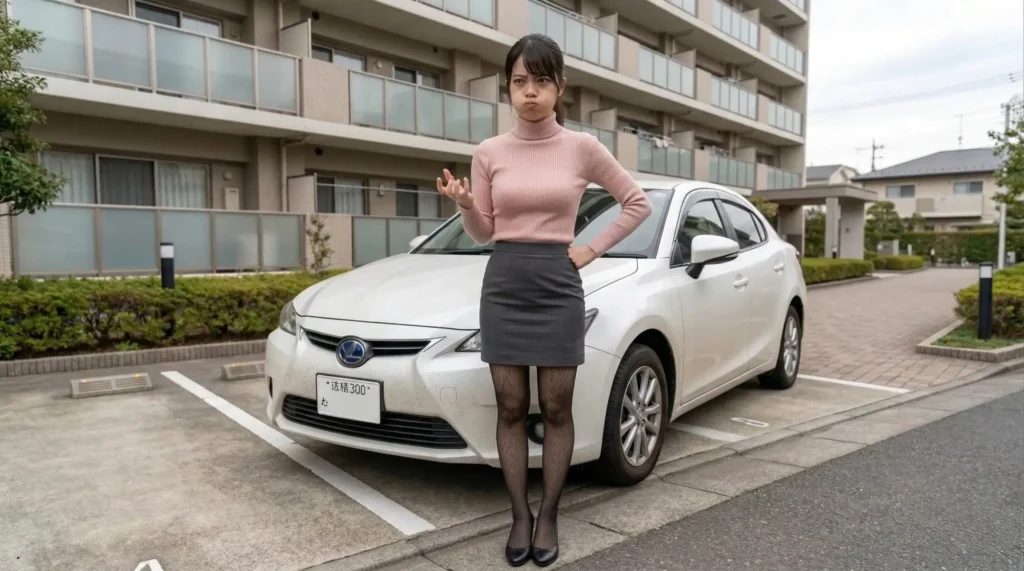 違反駐車の前で怒っているマンション管理専門家あおい