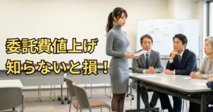 集会室で理事会に対して管理委託費の値上げを説明するマンション管理専門家あおい