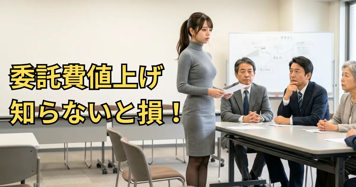 集会室で理事会に対して管理委託費の値上げを説明するマンション管理専門家あおい