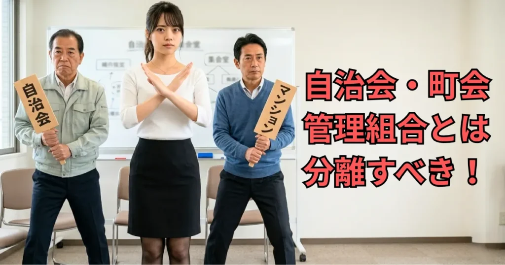 マンションの集会室にて、手で×（バツ）を作り自治会費の強制徴収に反対する管理フロント職の女性あおい。両隣に「自治会」「マンション」と書かれた立札を持つ男性たちが立つ。自治会・町会費と管理費の分離に関する解説画像。