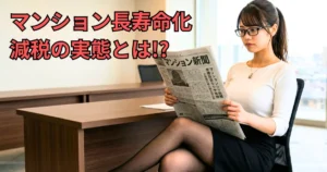 オフィスでメガネをかけ足を組んでマンション新聞を読む女性あおい。インテリなアイキャッチ。