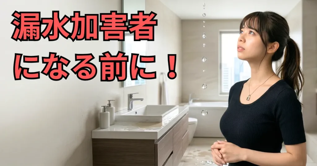 マンションの洗面所で、天井からの漏水を心配そうな表情で見上げている管理フロント職の女性あおい。漏水リフォームのサインと自衛術についての解説画像。