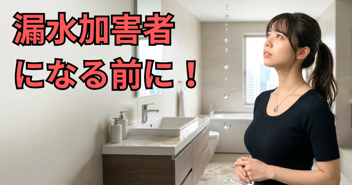 マンションの洗面所で、天井からの漏水を心配そうな表情で見上げている管理フロント職の女性あおい。漏水リフォームのサインと自衛術についての解説画像。