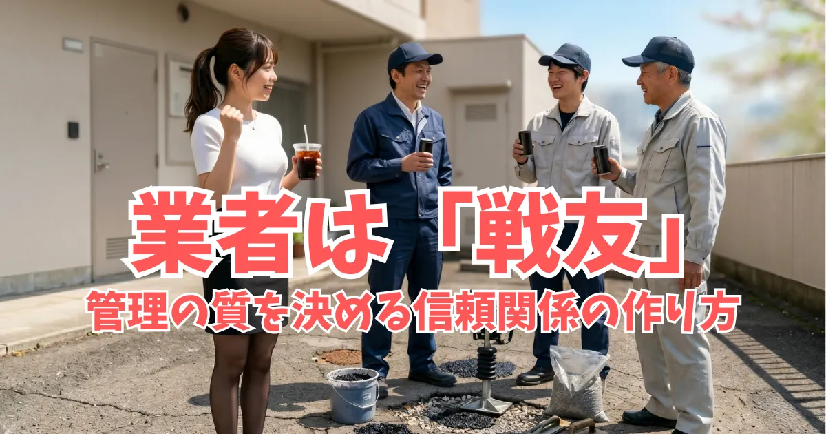マンション裏手のアスファルト劣化箇所周辺で、カップアイスコーヒーを持つあおいと、缶コーヒーを持つ作業着姿の職人3人が、補修材が置かれた地面を前に笑顔で談笑している。
