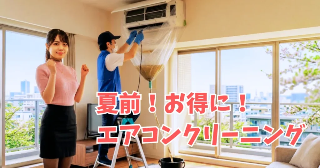 マンションの室内で、エアコンクリーニング業者が養生を行い洗浄作業をしている様子を、笑顔でカメラ目線のあおい（28歳・管理フロント職）が見守っている。窓の外には葉桜が見える晴れた春の風景。床には養生マットとバケツが設置されている。