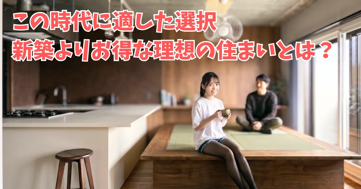 木目調の壁とオフホワイトのキッチンカウンターがお洒落なリノベーションマンションの室内で、小上がりの畳の縁に腰掛けるポニーテールの女性（あおい）と、奥で座る男性。