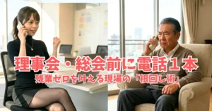 左側はオフィスで電話をするあおい。右側は自宅マンションのリビングで電話をする頑固そうな長老理事。あおいが理事に根回しをしている様子。