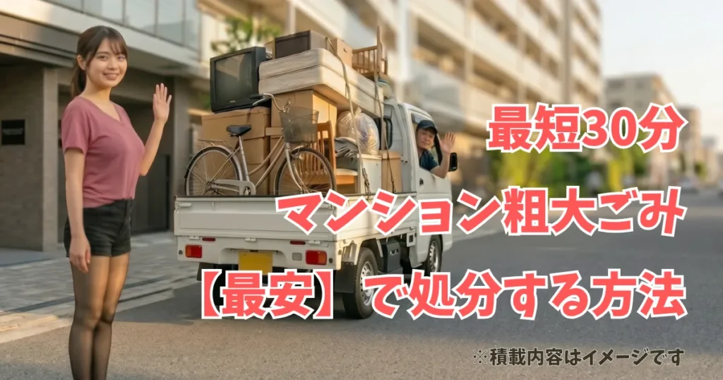 マンションの前で、笑顔で手を振る「あおい」と、粗大ごみを積み込んだ軽トラが走り去っていく様子。