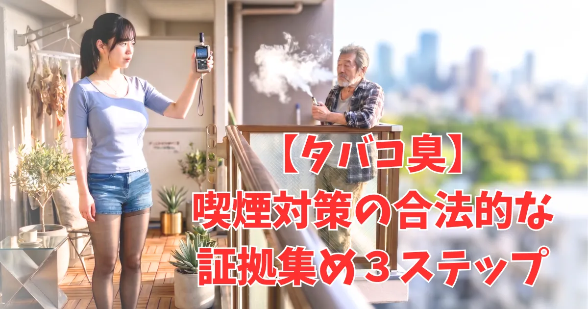 マンションのベランダで、臭気測定器を掲げる女性（あおい）と、ベランダの手すりに寄りかかり大きな煙を出して喫煙する年配の男性。