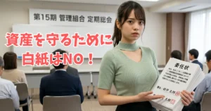 マンション管理組合総会会場で、厚い白紙委任状の束を手に、真剣な表情のあおい。背景には「定期総会」のホワイトボードと参加者。