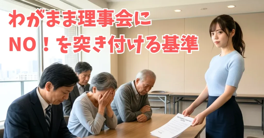 マンションの集会室で、「あおい」がわがままばかりの理事会に管理委託契約解除の申し入れをしている