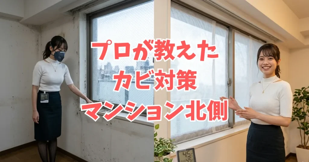 マンション北側の部屋。左側は日当たりが悪くカビが生え、マスクをした「あおい」が立っている。右側は断熱防カビシートで綺麗になり、笑顔の「あおい」が立っている。