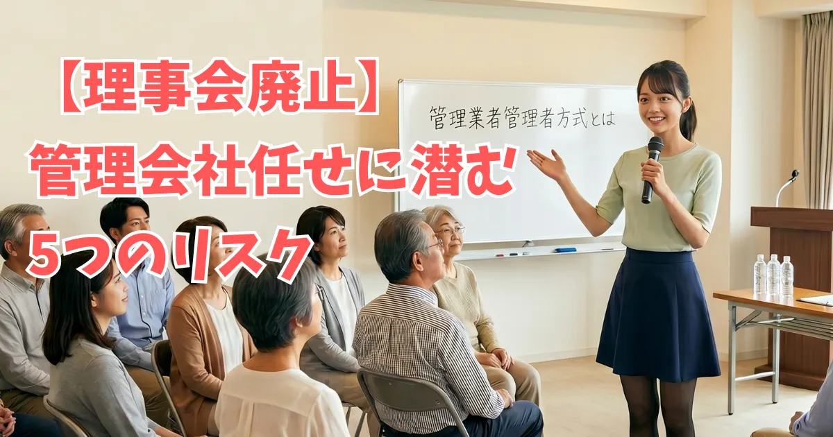 明るい室内で行われているマンション住民説明会の様子。前方のホワイトボードには「管理業者管理者方式とは」と書かれており、マイクを持ったフロント担当「あおい」が、着席した多様な年代の住民に向かって笑顔で管理業者管理者方式について説明している。