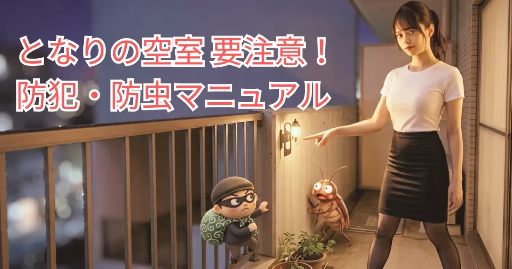 夜のマンションのベランダで、白いカットソーと黒いタイトスカート、黒パンスト姿のあおいが、隣室との境界壁を鋭く指差している。壁のそばには、ドロボウと虫のコミカルなマスコットが隠れるように潜んでいる。