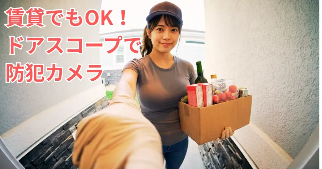 魚眼レンズの防犯カメラ（インターホン）が捉えた、配達員コスプレをしたあおいの笑顔。ブラウンのキャップとフィットしたグレーのTシャツ姿。荷物を差し出し、カメラに近づいている。