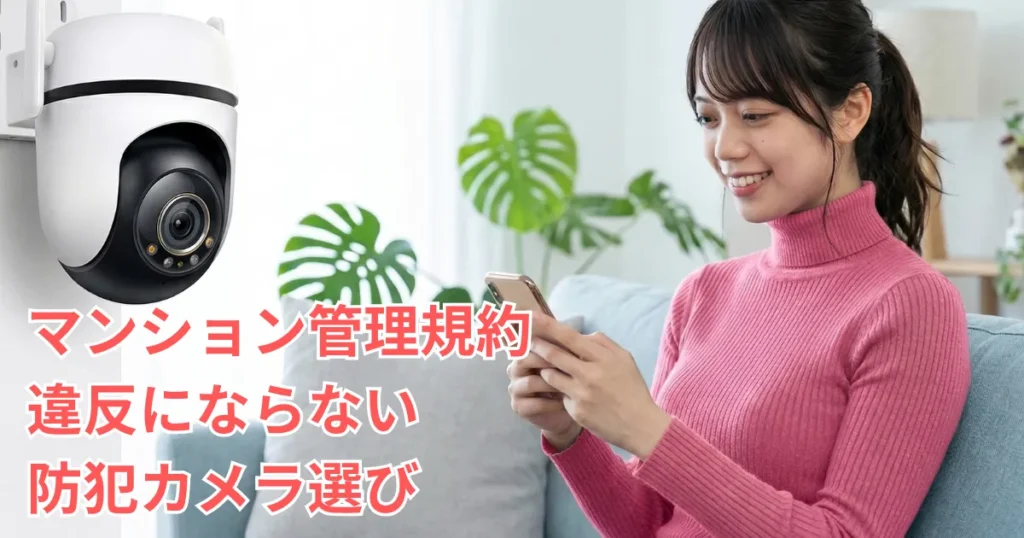 部屋のソファに座るピンクのタートルネック姿のあおいが、壁に設置された白い防犯カメラの映像をスマートフォンで笑顔で確認している様子。