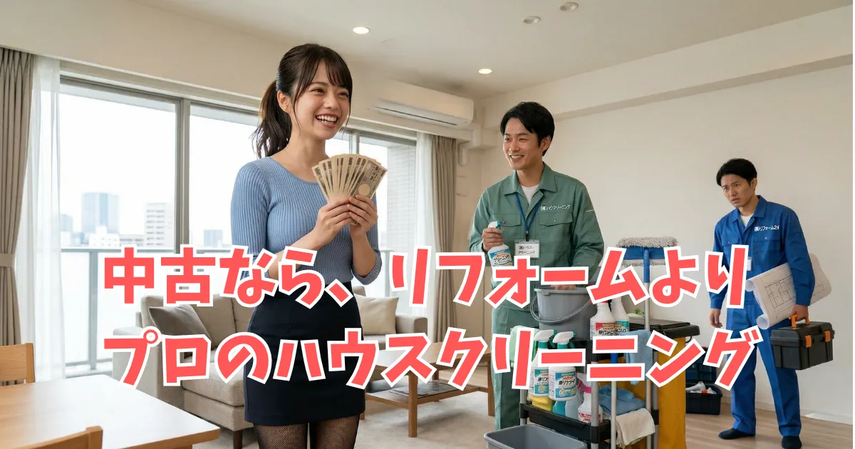 リフォームではなく清掃を選び、浮いたお金（現金）を持って喜ぶマンション管理フロントのあおい。背景には清掃業者と困惑するリフォーム業者。
