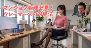 マンション管理のリアルを伝えるブログ『マンション管理のリアル』の執筆者あおいが、モダンなオフィスで笑顔で電話対応をしているアイキャッチ画像。背景には同僚が仕事をしており、窓から外が見える。右上の吹き出しには、電話で怒り叫んでいる男性クレーマーの姿がある。