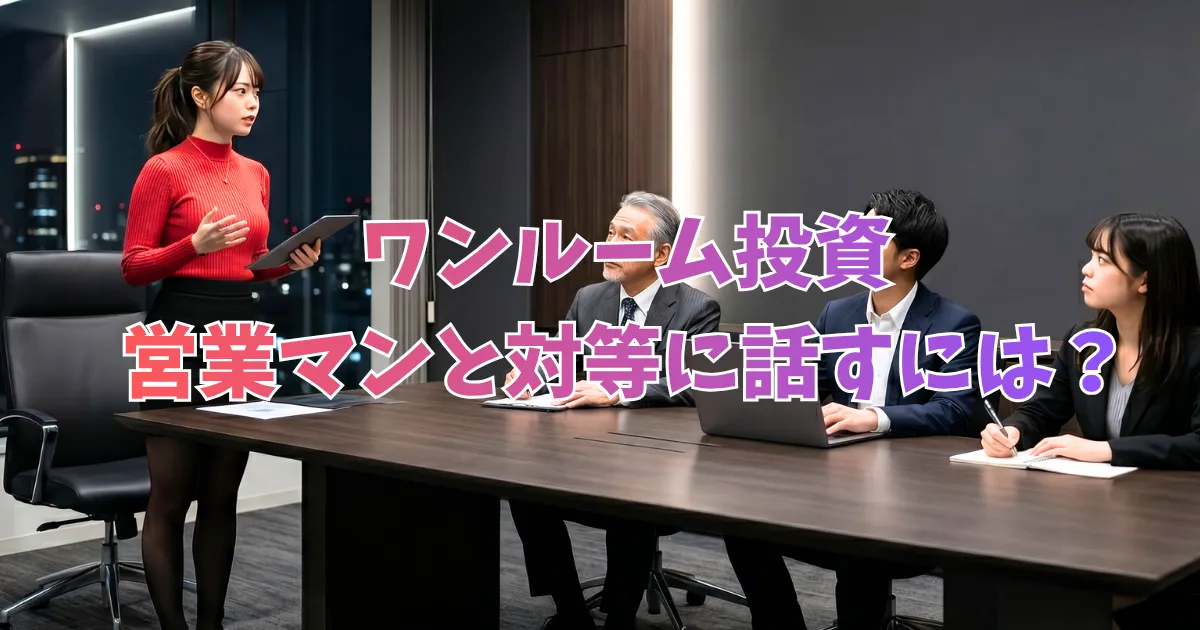 夜景の見える洗練されたモダンな会議室で、女性（あおい）が、タブレットを手に、年配の男性を含む3人のビジネスパーソンに対してプレゼンテーションを行っている様子。