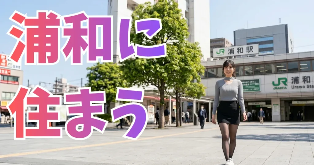 晴天の浦和駅前を自信に満ちた笑顔で歩く、ポニーテール姿の女性マンション管理フロントマン（あおい）