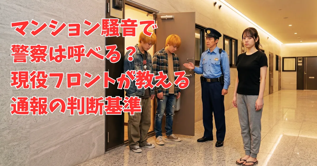 マンションの綺麗な共用廊下で、女性フロントマン「あおい」が、警察官と共に騒音元の大学生2人に注意している様子。