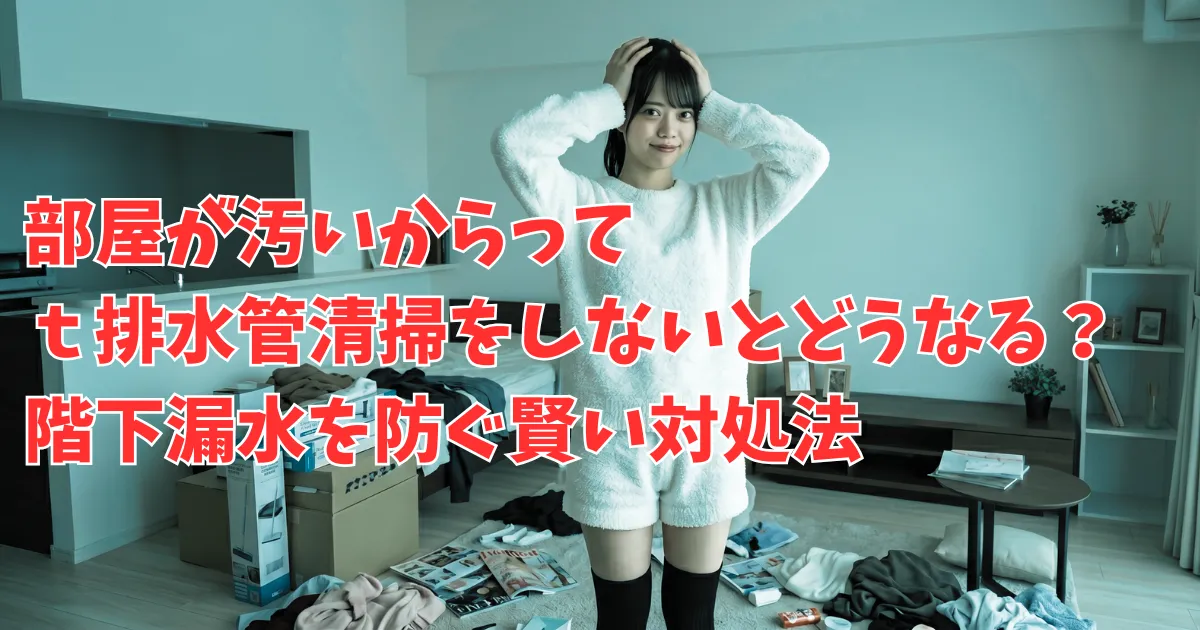 散らかったマンションの室内で、白のふわふわな部屋着と黒のニーハイ姿の女性フロントマン「あおい」が、頭を抱えて困った表情をしている様子。