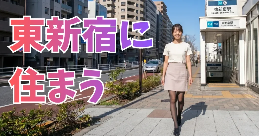 東新宿駅周辺の街並みを背景に、自信に満ちた笑顔で歩道を歩く黒髪ポニーテールの女性（あおい）。