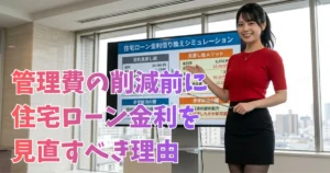 住宅ローン金利の借り換えシミュレーションが映し出されたスクリーンの前で、自信に満ちた笑顔で解説する黒髪ポニーテールの女性（あおい）。