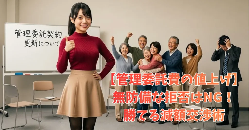 マンション集会室で、自信に満ちた笑顔でサムズアップをする女性フロントマンのあおい。背景では理事会メンバーが歓喜し、落胆する前の管理担当者が立っている。ホワイトボードには「管理委託契約更新について」と手書きで書かれている。