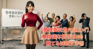 マンション集会室で、自信に満ちた笑顔でサムズアップをする女性フロントマンのあおい。背景では理事会メンバーが歓喜し、落胆する前の管理担当者が立っている。ホワイトボードには「管理委託契約更新について」と手書きで書かれている。