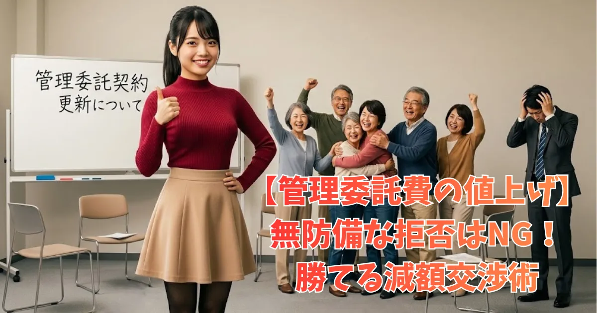 マンション集会室で、自信に満ちた笑顔でサムズアップをする女性フロントマンのあおい。背景では理事会メンバーが歓喜し、落胆する前の管理担当者が立っている。ホワイトボードには「管理委託契約更新について」と手書きで書かれている。