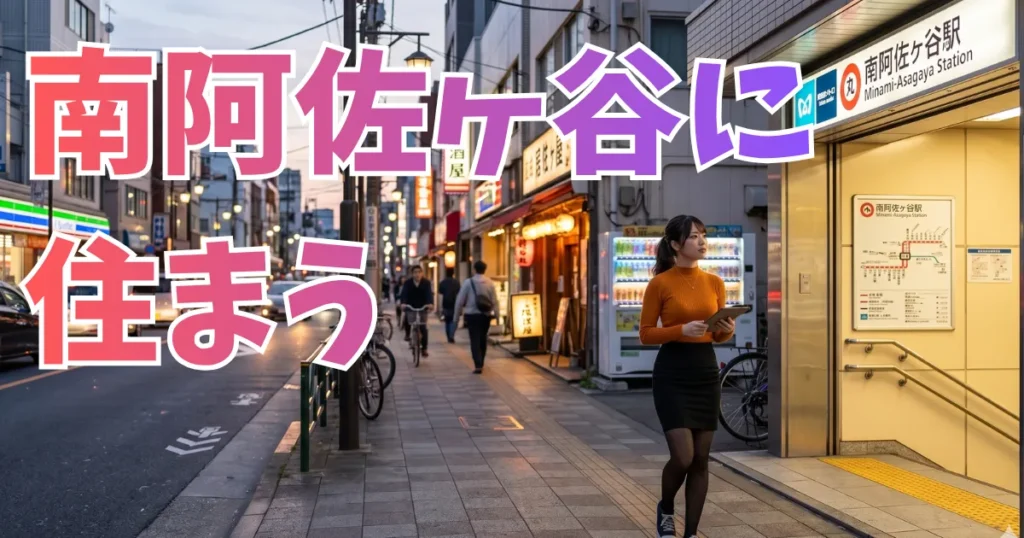日本の夕暮れ、東京の南阿佐ヶ谷駅出口。オレンジ色のニットと黒いミニスカートを着た女性が手にタブレットを持って立っている。背景には、点灯した居酒屋の看板や自販機、車のライトが見える賑やかな商店街の通りが広がっている