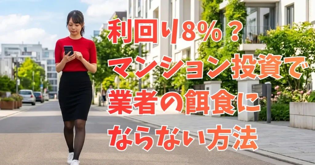 モダンなアパートが立ち並ぶ街路を、電卓を持って歩くポニーテールの日本人女性（あおい）。