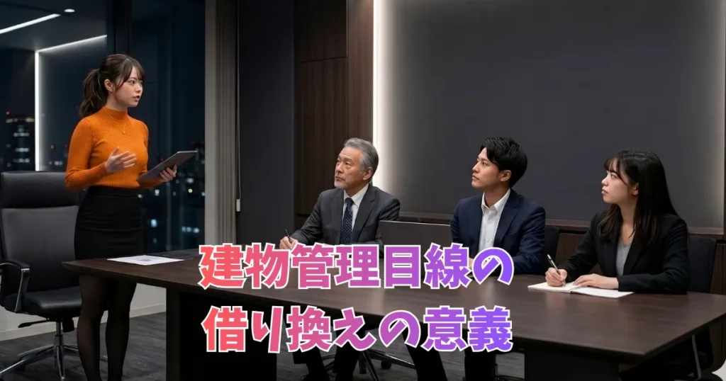 夜景の見えるモダンなオフィス会議室で、オレンジ色のタートルネックを着た女性が立ってプレゼンテーションを行っており、テーブルに座った3人の同僚（シニア男性と他の2人）がメモを取ったりノートパソコンを操作したりしながら話を聞いている様子。