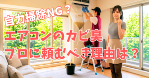 マンションのリビングルームで、笑顔で自信に満ちた拳ポーズをする女性フロントマン。背景では、エアコンクリーニング業者が脚立に乗り、洗浄液カバーを使ってエアコンを洗浄しており、汚れた水がバケツに溜まっている。