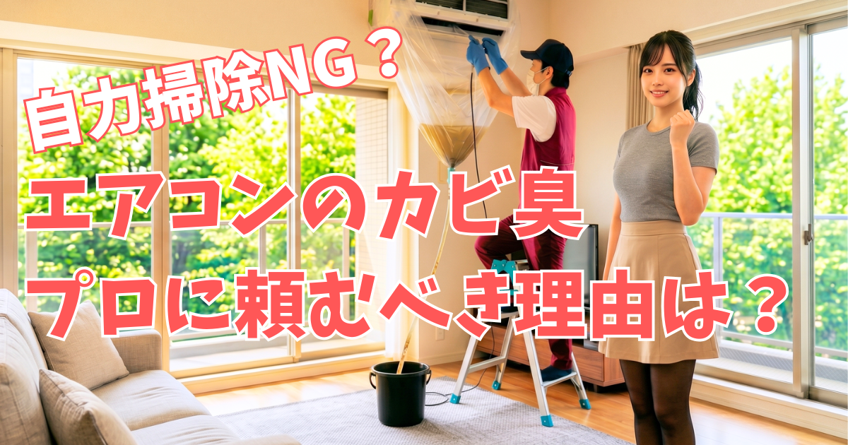 マンションのリビングルームで、笑顔で自信に満ちた拳ポーズをする女性フロントマン。背景では、エアコンクリーニング業者が脚立に乗り、洗浄液カバーを使ってエアコンを洗浄しており、汚れた水がバケツに溜まっている。