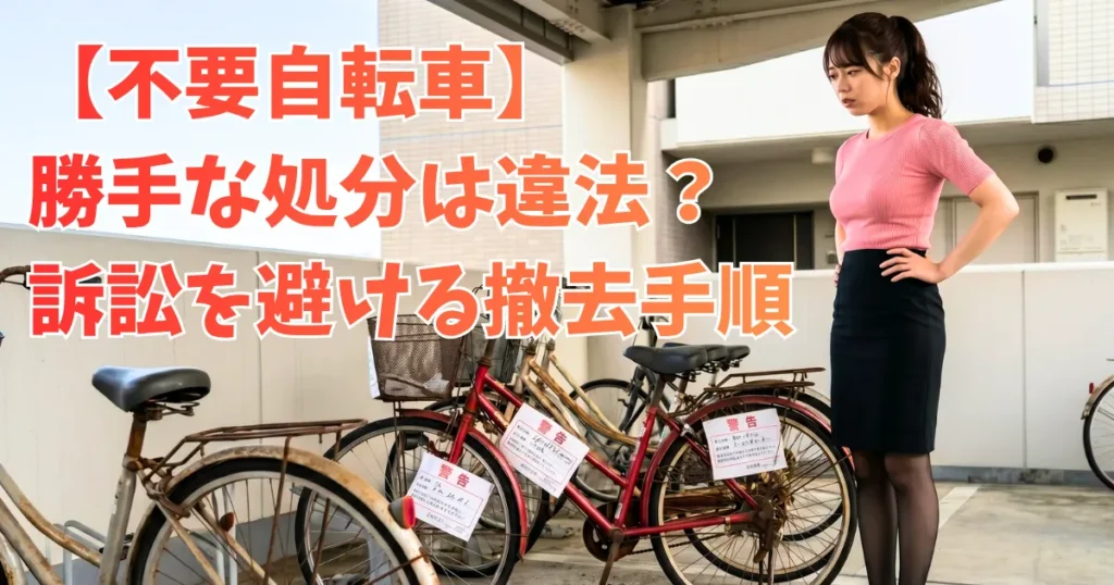 マンションの駐輪場で、あおいが、放置された古い自転車の群れを険しい表情で見つめている。自転車には、「警告」の張り紙が複数貼られている。