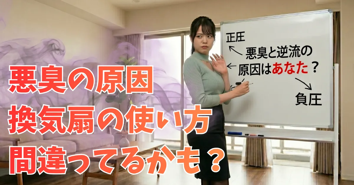 あおいが、ホワイトボードの横に立っている。ホワイトボードには日本語で「正圧」「悪臭と逆流の原因はあなた？」「負圧」と書かれており、あおいはペンを持って指し示している。部屋の左側からは、不快な臭いや空気の逆流を象徴する紫色の煙のような霧が漂ってきている。