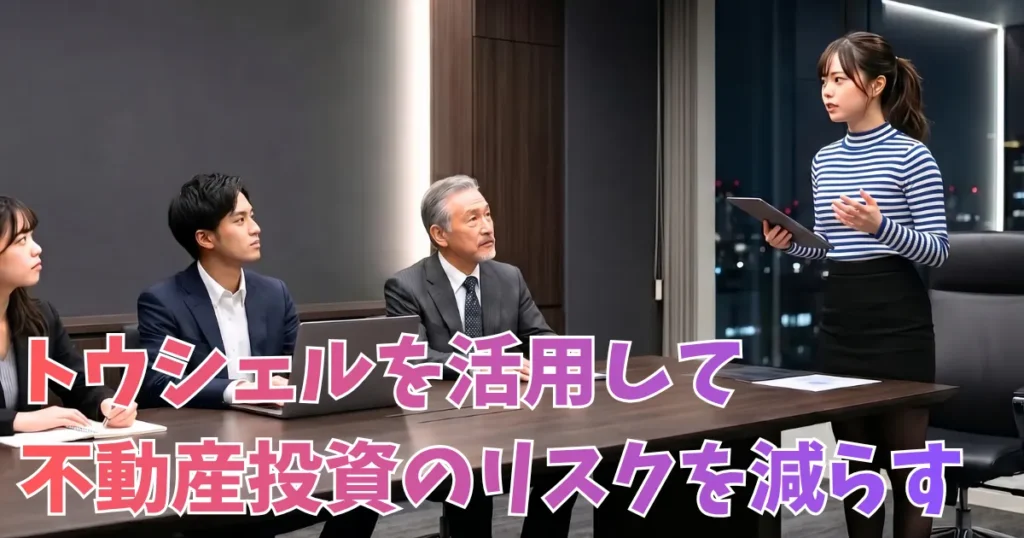 夜景の見えるモダンなオフィス会議室で、女性が立ってプレゼンテーションを行っており、テーブルに座った3人の同僚（シニア男性と他の2人）がメモを取ったりノートパソコンを操作したりしながら話を聞いている様子。