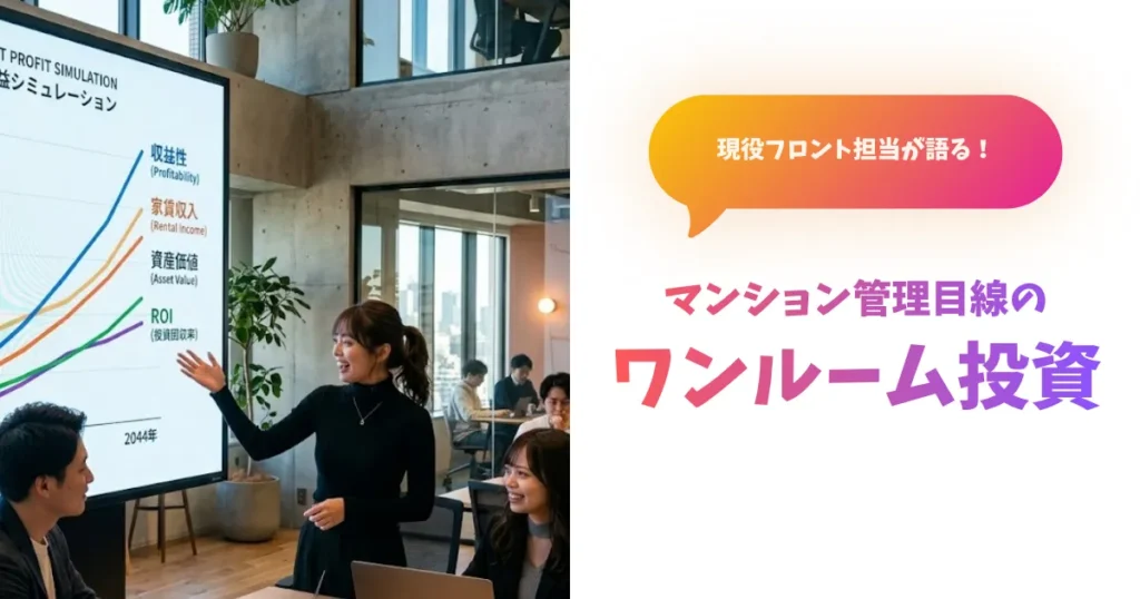 モダンなオフィスで、女性が大きなスクリーンに映し出された「ワンルーム投資 収益シミュレーション」の折れ線グラフを説明している様子